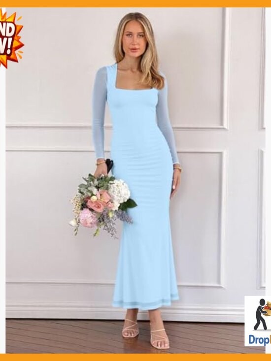 Ruched Bodycon Maxi Dress Long Sleeve Mesh Square Neck Elegant Cocktail Party - Picture 2 of 6